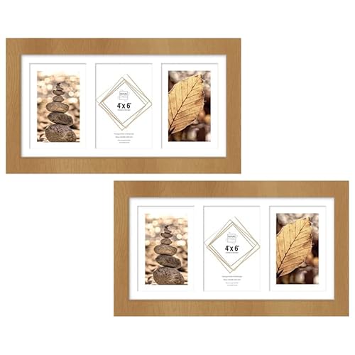 Multi 3 Aperture Picture Frame with Mount for 6x4 Inches Pictures, BROWN Triple Photo Frame Made of Solid Wood with Glass Front for Wall Mount Vertical or Horizontal, Set of 2-10x15cm