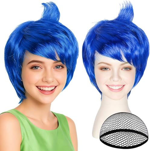 MEEZY Bright Blue Short Wig with Bangs for Men Women Cosplay Straight Wig with Hair Cap for Anime Cosplay Halloween Costume Party Music Festival