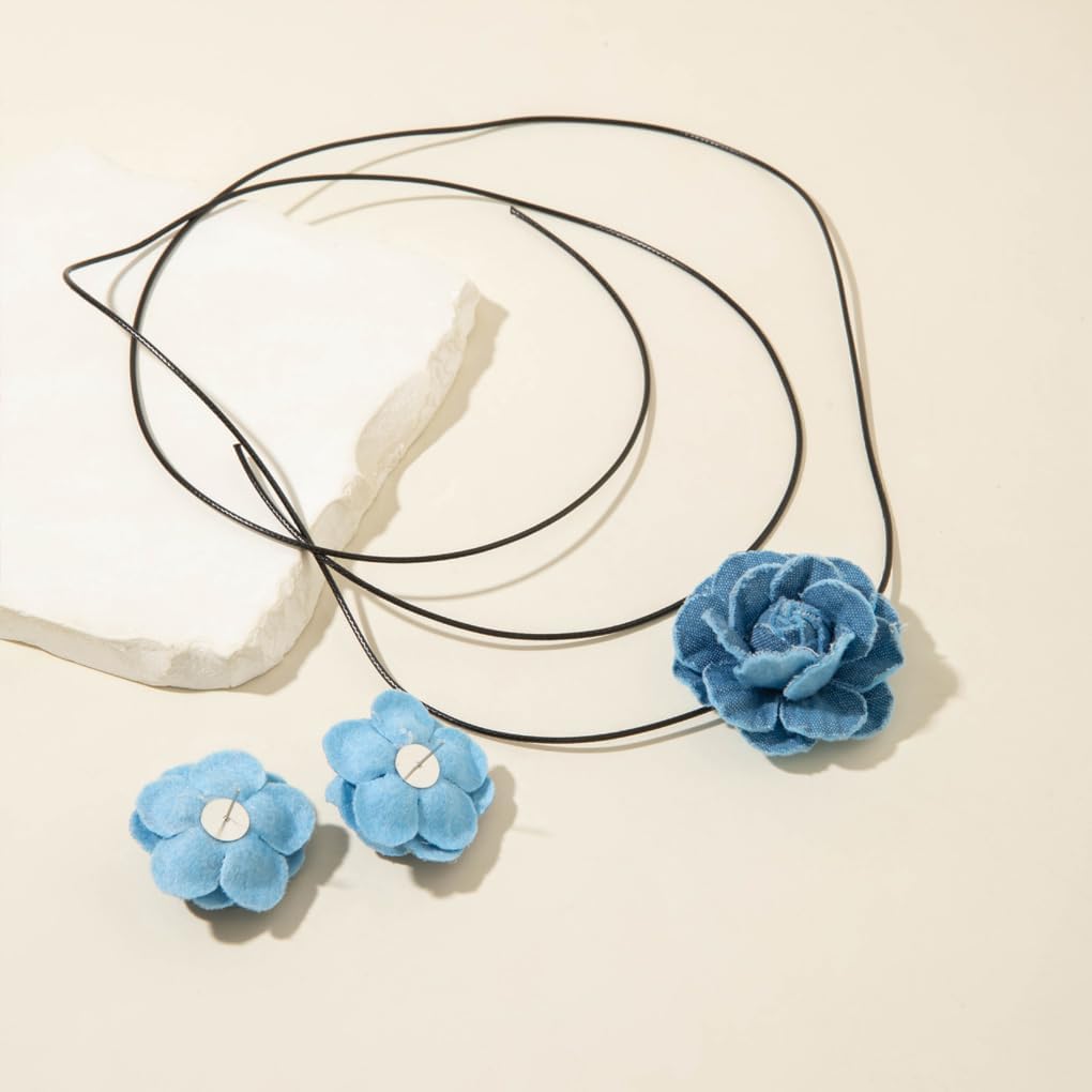 Big Flower Jewelry Set,Royal Blue Flower Earrings Necklace Set,Chunky Blue Floral Earrings Necklace for Women - Image 6