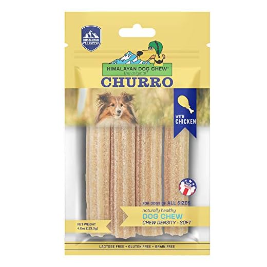 Himalayan Dog Chew Churro Yak Cheese Dog Chews, 100% Natural, Long Lasting, Gluten Free, Healthy & Safe Dog Treats, Lactose & Grain Free, Protein Rich, For All Breeds, Soft, Chicken Flavor, 4 Pack