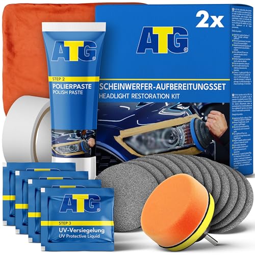 ATG Headlight Restoration Kit - Universal Car Headlight Cleaner and Restorer Kit - Headlight Restorer kit for Plastic car Headlights - Quick & Easy Headlight Restoration - Double Kit
