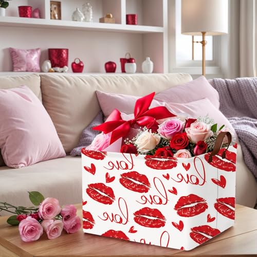 Image of Cute Heart Valentine's Day Basket Gifts Empty Storage Basket for Kid and Baby Room Decor (Love Red Lips)