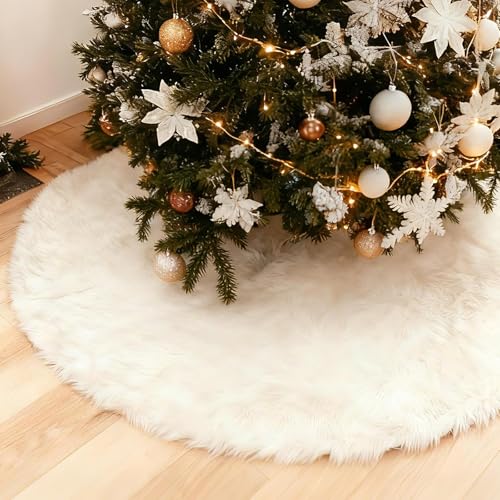 Christmas Tree Skirt White, 48 Inch Soft Faux Fur Xmas Tree Skirts, Large Luxury Velvet Plush Christmas Trees Decoration, White Ornaments for Christmas Holiday Party Indoor Party Home Decor - image 1