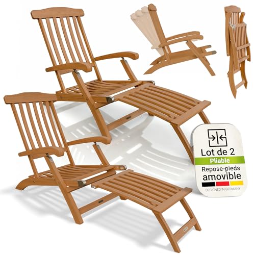 Juskys® Chaise Longue Evia - Lot de 2 - Pliable pour Le Jardin et la terrasse, en Bois d'acacia huilé pour Un Aspect Naturel et Une Longue durée de Vie, 196...