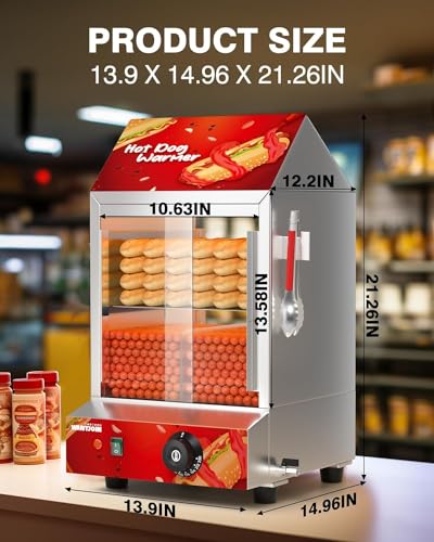 WantJoin Commercial Hot Dog Steamer, 2 Tiers Electric Hot Dog Steamer with Bun Warmer 27 L/24.52 QT, with Visuable Glass Slide Doors and Clip, suit for 175 Hot Dogs and 40 Buns, 1200W