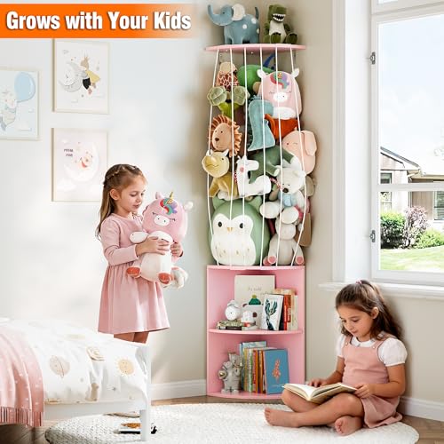 Image of 74.7 inch H Stuffed Animal Storage with 2-Tier Corner Bookshelf - Wall Mount Height Adjustable Plush Toy Organizer, Wooden Kids Bookshelf for Small Spaces Nursery Playroom Kids Room, Pink