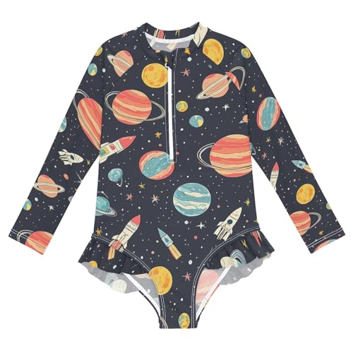 ALAZA Toddler Swimsuit Girl Bathing Suit Swimwear Rash Guard Star Planet Long Sleeve 3T