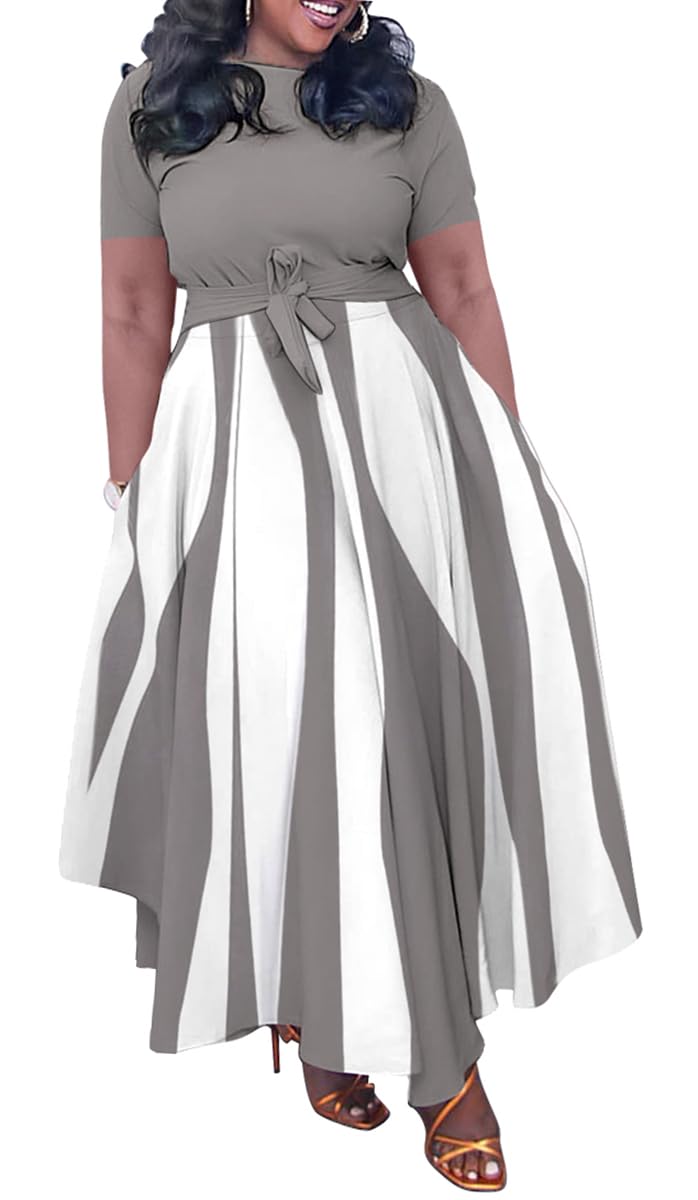 BFFBABY Plus Size Dress A Line Dresses for Women Summer Long Dresses with Sleeve Casual Belted