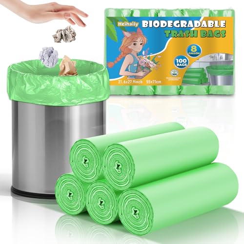 8 Gallon Green Garbage Bags - Unscented Compostable Large Trash Bag Heihaily 5 Roll 100 Count Bulk Waste Basket Liners Leakage-Free Maximum Strength for Kitchen or Utility Room