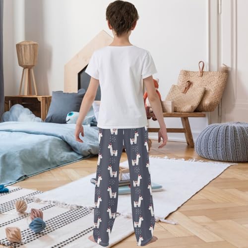 Boy's Lounge Pants Cute White Lama Christmas Hat Kids Jogger Pants Elastic Waist Long Bottoms with Pockets 6-14 Y3