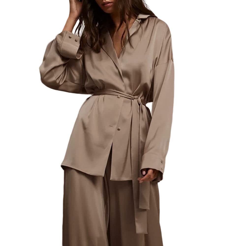 LUKX Morgenmantel Damen Leicht,Zweiteiler Satin Bademantel Brauner Kimono Robe Einfacher V-Ausschnitt Morgenmantel Leichtes Kurzes Nachthemd Hose Pyjama Set Braut Morgenmantel Bademantel Damen