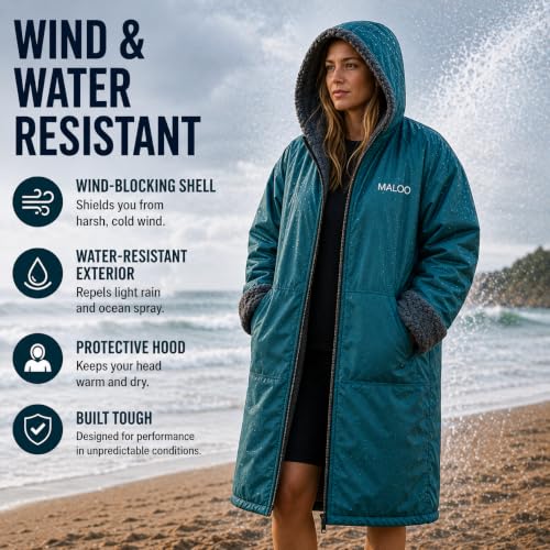 Image of Malo'o Adult Sherpa Lined Surf Parka Changing Robe, Waterproof & Windproof Swim Parka, Long Sleeve Hooded Dry Robe