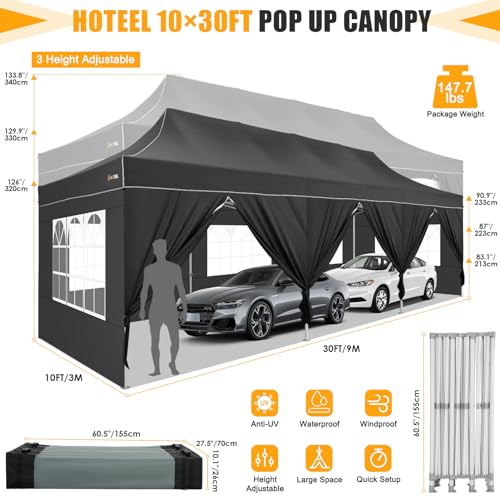 Image of HOTEEL Tents for Parties 10x30 Pop Up Canopy Tent Heavy Duty with 8 Sidewalls, Commercial Party Tent Event Wedding Instant Canopy Waterproof with Carry Bag, UV 50+, Thicked Hexagonal Legs, Black