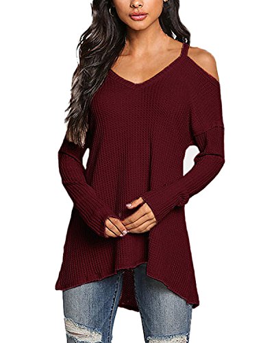 ACHIOOWA Mujer Camiseta Manga Larga Cuello V Oto?o Blusa Sin Hombros Punto Jersey Elegante Casual Tallas Grandes Suelto Oversize Top Shirt Rojo-Vino L