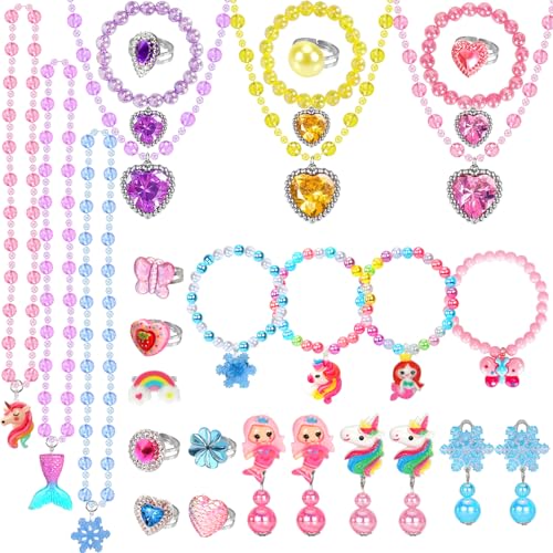 Kids Play Jewelry Sets Princess Toys for Girls 4-6 29 Pcs Little Girl Costume Jewelry Unicorn Necklaces Bracelets Rings Earrings Dress Up Birthday Easter Gifts for Kids Pretend Play Party Favor (Multiple)