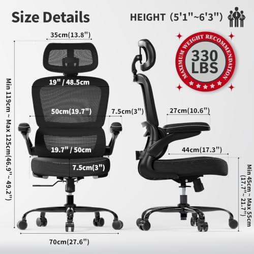 Image of TRALT Ergonomic Office Chair - Desk Chair with Adjustable Headrest Lumbar Support Computer Chair - Mesh Comfy Chair with Flip-up Armrests - Gaming Chair for Adults Home Office PU, Black, Pack of 6