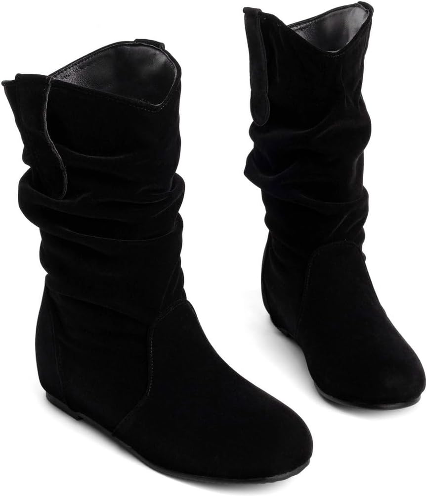 DINTAHA Mid Calf Slouch Cowgirl Cowboy Boots Flat Slouchy Booties Pull On Western Ankle Boots