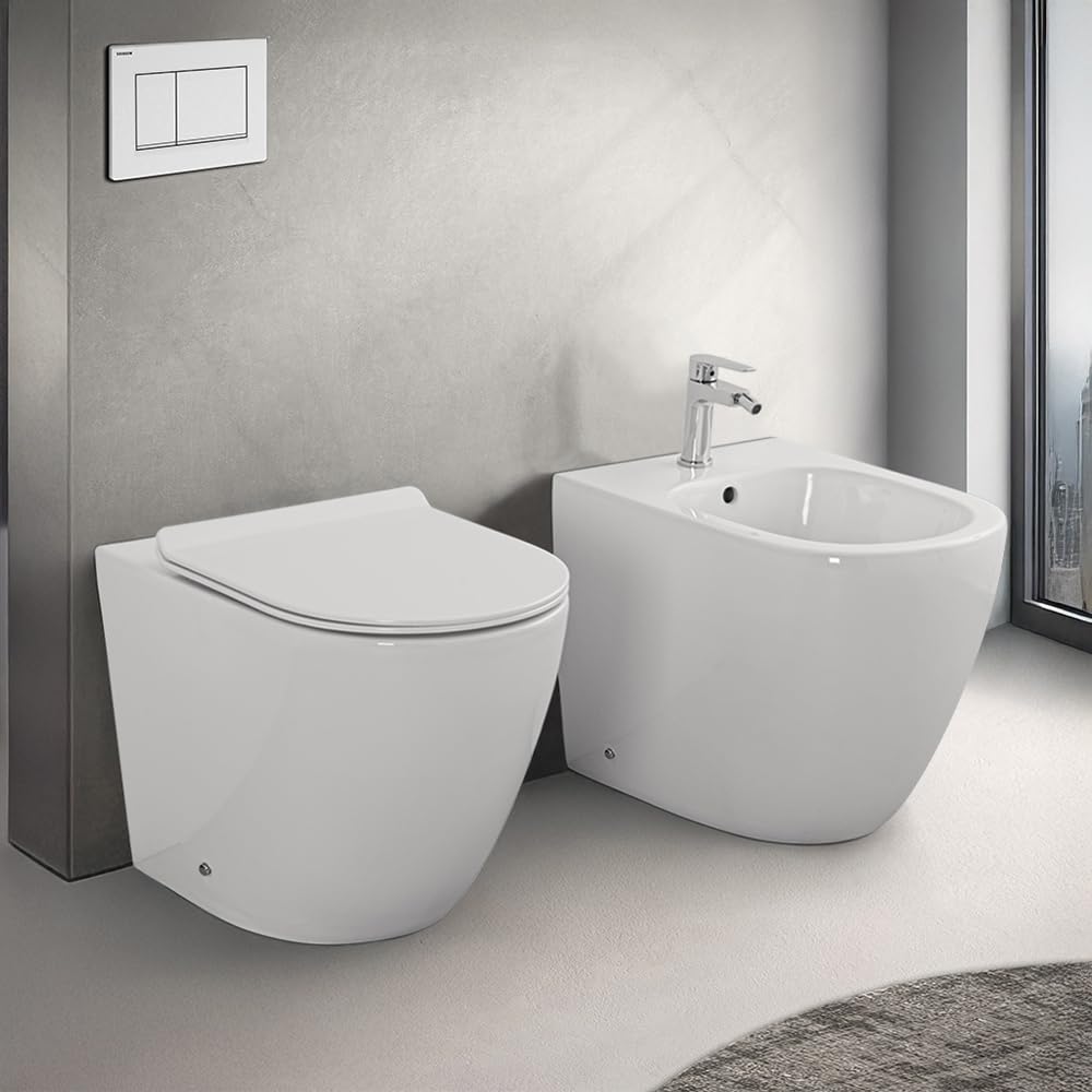 Coppia Sanitari Filo Muro Rimless Bianco Design Moderno Copriwater Chiusura Soft-Close
