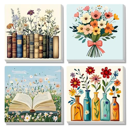 MISCER 4 Stück Malen Nach Zahlen Erwachsene, Buch Malen Nach Zahlen Erwachsene Anfänger mit Rahmen, DIY Blumen Ölgemälde Leinwand Kit für Home Deko 20X20cm