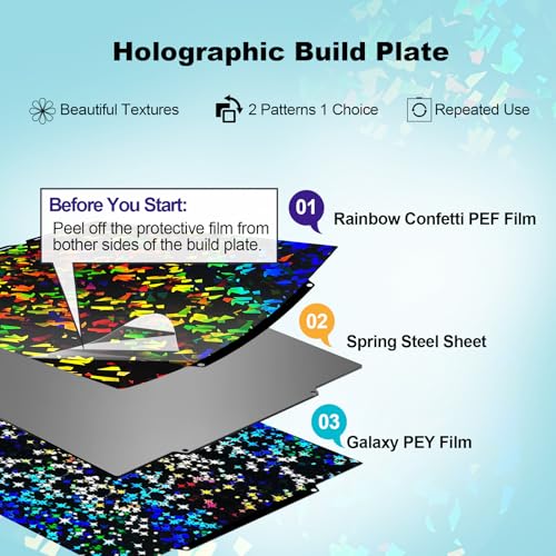 IdeaFormer Holographic U1 Druckplatte für Snapmaker 276x293mm, Rainbow Confetti PEF+Galaxy PEY U1 Build Plate Spring Steel Druckbett für Snapmaker U1 3D Drucker Plattformen