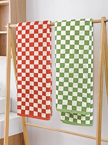 Checkered Bath Towels For Bathroom, 2 Pack Shower Towels 55" X 27.5", Super Absorbent And Quick Dry (Orange + Green) #TOP6