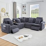 ORRD Oversized Modular Sectional Sofa with 2 Power Reclining, Electric Recliner Couch with Storage Console and Adjustable Headrest, Plush Corduroy Fluffy 5 Seat Corner Sofa for Living Room-Blue Grey