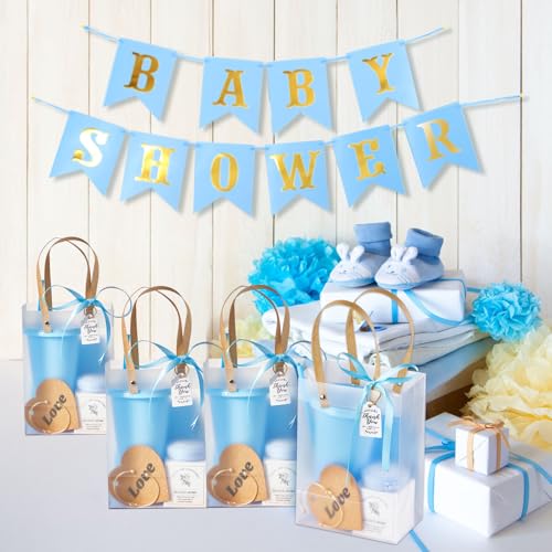 50Pcs Baby Shower Prizes for Game Winners Baby Shower Favors Gifts including Plastic Tumbler Notebook Scented Candles Ballpoint Pen Mirrors with Hair Brushes Bracelet Gift Bag (Blue)
