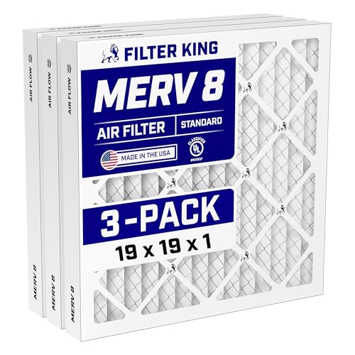 Filter King 19x19x1 Air Filter (MERV 8) (3-Pack) Dust & Allergy Control AC Furnace Filters MADE IN USA HVAC Pleated Electrostatic (Actual Size: 19 x 19 x .75)
