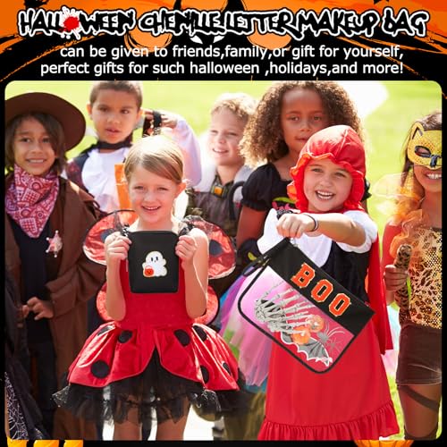 Hillban 2 Pcs Summer Halloween Gifts Chenille Letter Bags Boo Patch Makeup Bag Spooky Pumpkin Flat Clear Pouch PVC Organizer Purse Waterproof Travel Cosmetic Bag Portable Storage Case for Women4