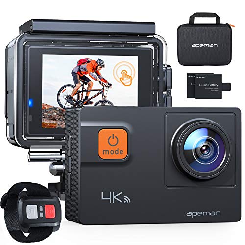 APEMAN Action Cam A87,UHD 4K 60fps Touchscreen WiFi Unterwasserkamera 20MP Digitale wasserdichte 40M Helmkamera (2.4G Fernbedienung,kostenlose Transporttasche, 2x1050mAh verbesserten Batterien)