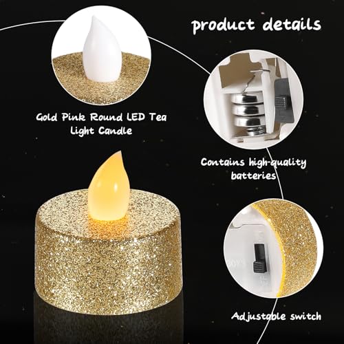Image of Mudder 24 Pieces Gold Tea Lights LED Candles Tealights Flameless Votive Battery Operated Tea Lights Electric Glitter Tealight for Holiday, Festival Gift, Wedding, Birthday,Home, Party Decor