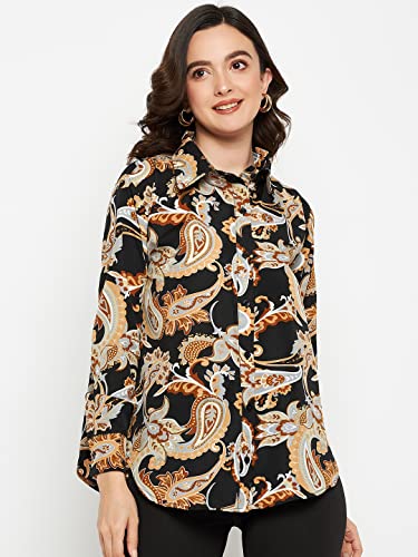 Image of Fashfun Women's Shirt (Floral Pink Crepe Top with Mandarin Collar & Full Sleeve)