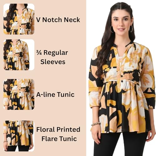 Image of Sun Fashion And Lifestyle Women's Cotton Printed Top Abstract Print Pleated Yoke Tunic Casual Regular Fit Shirt for Office (KT67 Yellow)