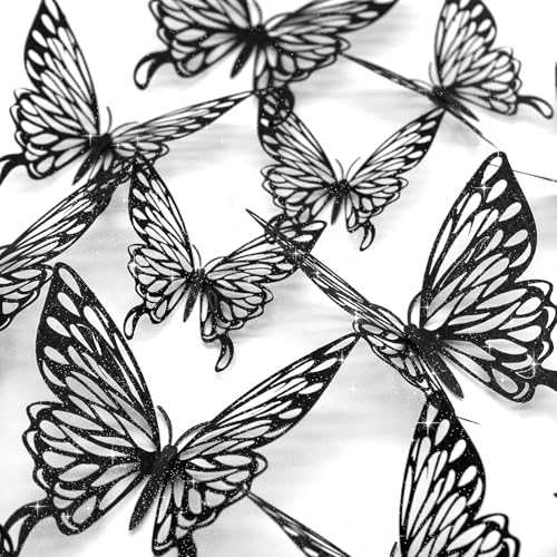 CAYUDEN 3D Schmetterlinge Wanddeko - 24 Stück in 3 Größen, Schwarz - Zum Aufkleben für Wand, Zimmer, Hochzeit, Party Dekoration