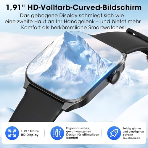 Smartwatch Herren Damen, 1,91" HD-Kurvdisplay Smart Watch mit Bluetooth Anrufen, 100+Sportmodi Fitnessuhr mit Herzfrequenz/Schlafmonitor/Schrittzähler, IP67 Wasserdicht Sportuhr für Android iOS 3