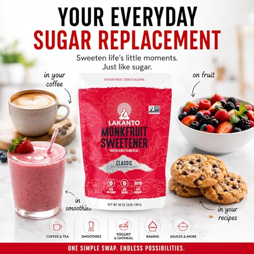 Image of Lakanto Classic Monk Fruit Sweetener with Erythritol, White Sugar Substitute, Monkfruit Extract, Sugar Replacement for Coffee, Tea, Baking, Sauces, Gluten Free, Zero Carb, Non GMO, Keto (3 lb)
