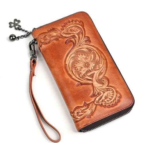 Genuine Leather Women's Wallet Flower Pattern Wristlet Long Wallet Card Holder (Brown) - Main Image