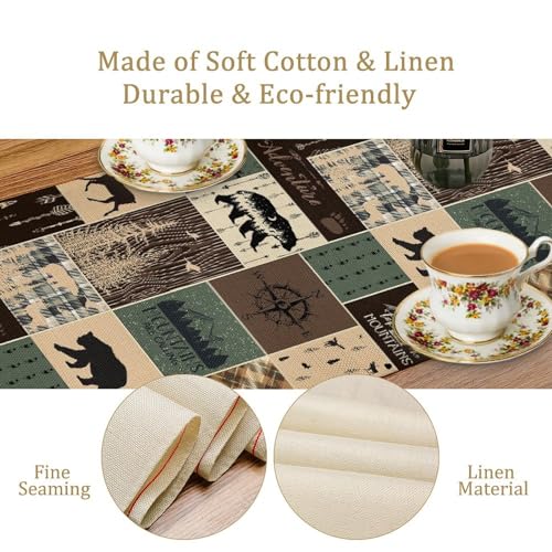 Image of Country Rustic Farmhouse Deer Table Runner Tabletop Cover Vintage Cabin Bear Mountain Hunting Wild Animal Plaid Checkered Printed for Kitchen Dining Room 13x72 Inch