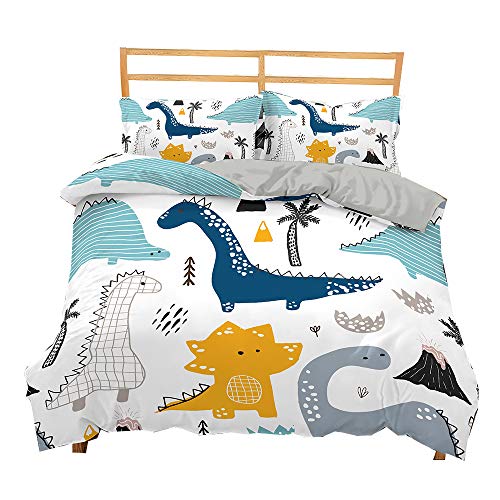 Dinosaur Soft Microfiber Cartoon Bedding Set Boys Kids Teens Adult Girls Duvet Cover Set with Pillow Shams Lightweight Home Textile Child Bed Set(Dinosaur,Queen)