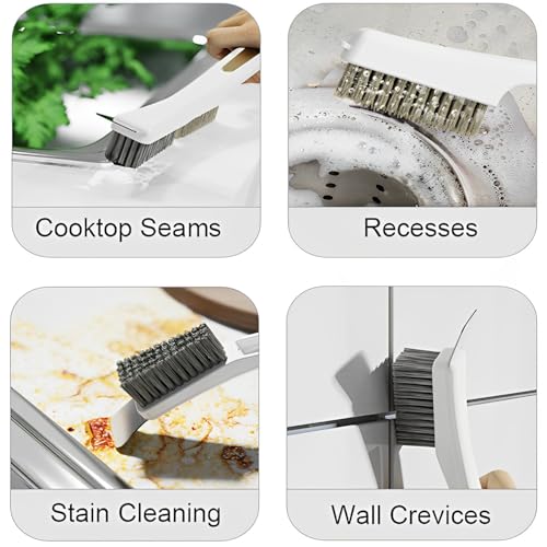 Image of Multifunctional Cleaning Brush with Nylon & Wire Brush and Cleaning Spatula, Long Handle Brushes for Bathroom, Kitchen, Grout, and Tile Deep Cleaning, 2 Pack (Green+White)