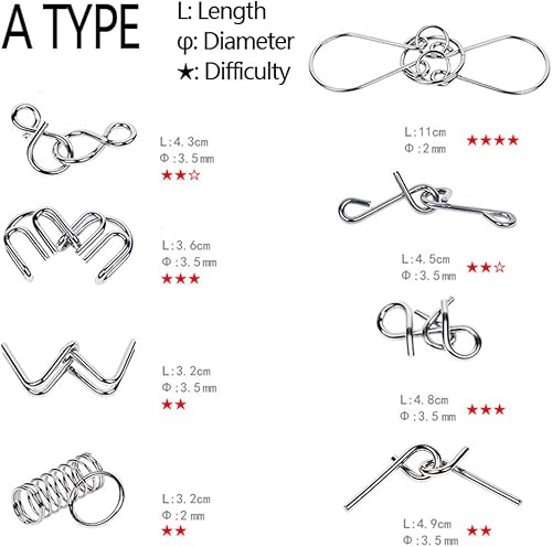 Miniatura 4 de TANCH 16 piezas tipo A+B diferentes rompecabezas de alambre de metal, desafío IQ, truco de magia, desvinculación y enlace, juguetes para niños y