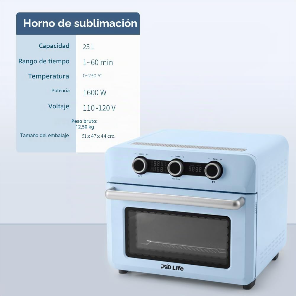 PYD Life Horno de sublimación de 25 l, 220 V, 1600 W, color azul claro, horno de convección para sublimación en blanco, tazas, vasos, tazas, botellas de agua, impresión a granel