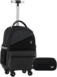 Mochila Com Rodinhas 360° Masculina Grande e Estojo Duplo, Preta, Com Alça Telescópica, 4 Rodas Giratórias, Para Escola e Viagem