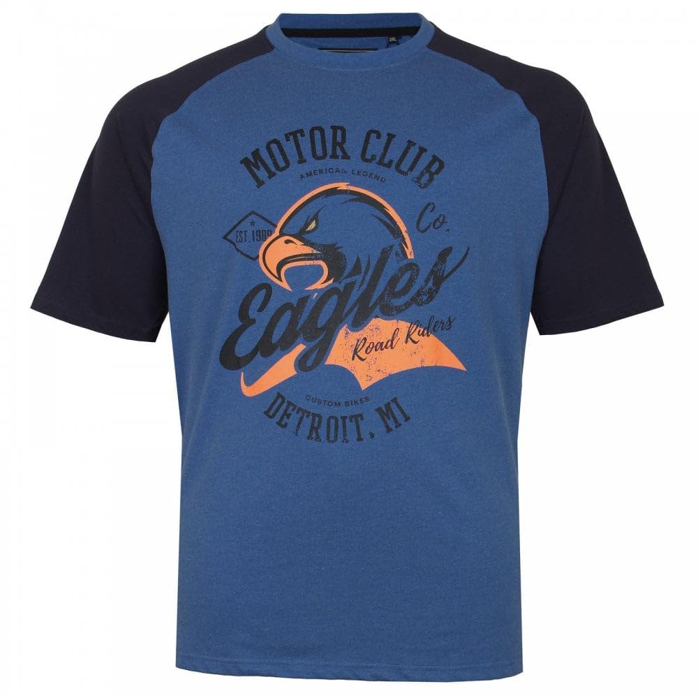 Kam Men's Blue Marl Eagle Print T-Shirt Graphic Raglan Short Sleeve Crew Neck Casual Plus Size 2XL-8Xl 5737 (Uk, Alpha, 3XL, Plus, Regular, )