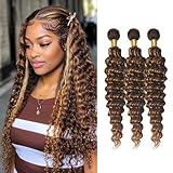 Biliisyff Color P4/30 Light Brown Human Hair Bundles Highlight Deep Wave Bundles Two Tone Brown Mixed With Dark Brown Double Weft Soft and Silky Hair Extensions for Black Women (16 18 20 Inch)