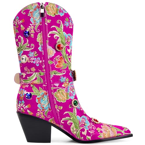 Image of LOCERICH Women Rhinestone Cowboy Sparkly Cowgirl Boots Diamond Western Floral Embroidery Mid Calf Booties