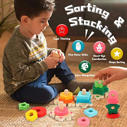 Flyingseeds Wooden Stacking Toys For Toddler 2 3 4 Year Old, Shape Sorter Montessori Educational Puzzle Blocks Toys, Best Gifts For Girls Boys Preschool Early Learning Tool #TOP1