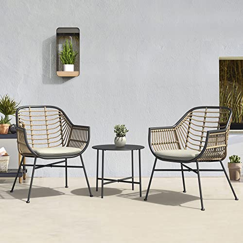 Grand patio 3 Piece Patio Set Outdoor Wicker Patio Conversation Set Two Seating Chairs with Cushions and Coffee Table, Boho Seating Chat Set for Indoor Outdoor, Balcony, Porch, Garden, Deck (Natural)