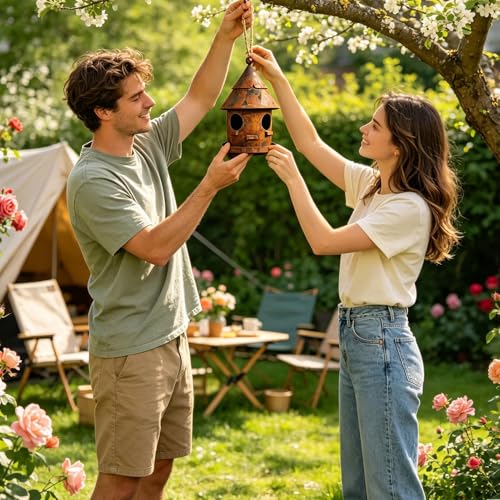 Maison à oiseaux en métal rustique avec double trou pour déco de jardin - 3