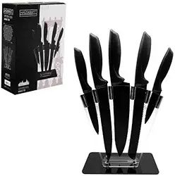 Jogo Com 5 Facas Inox Preto Fosco - Suporte Em Acrílico Para Cozinha Moderna | Aço Inox Afidado, Cepo com Bloqueio e Base Estável